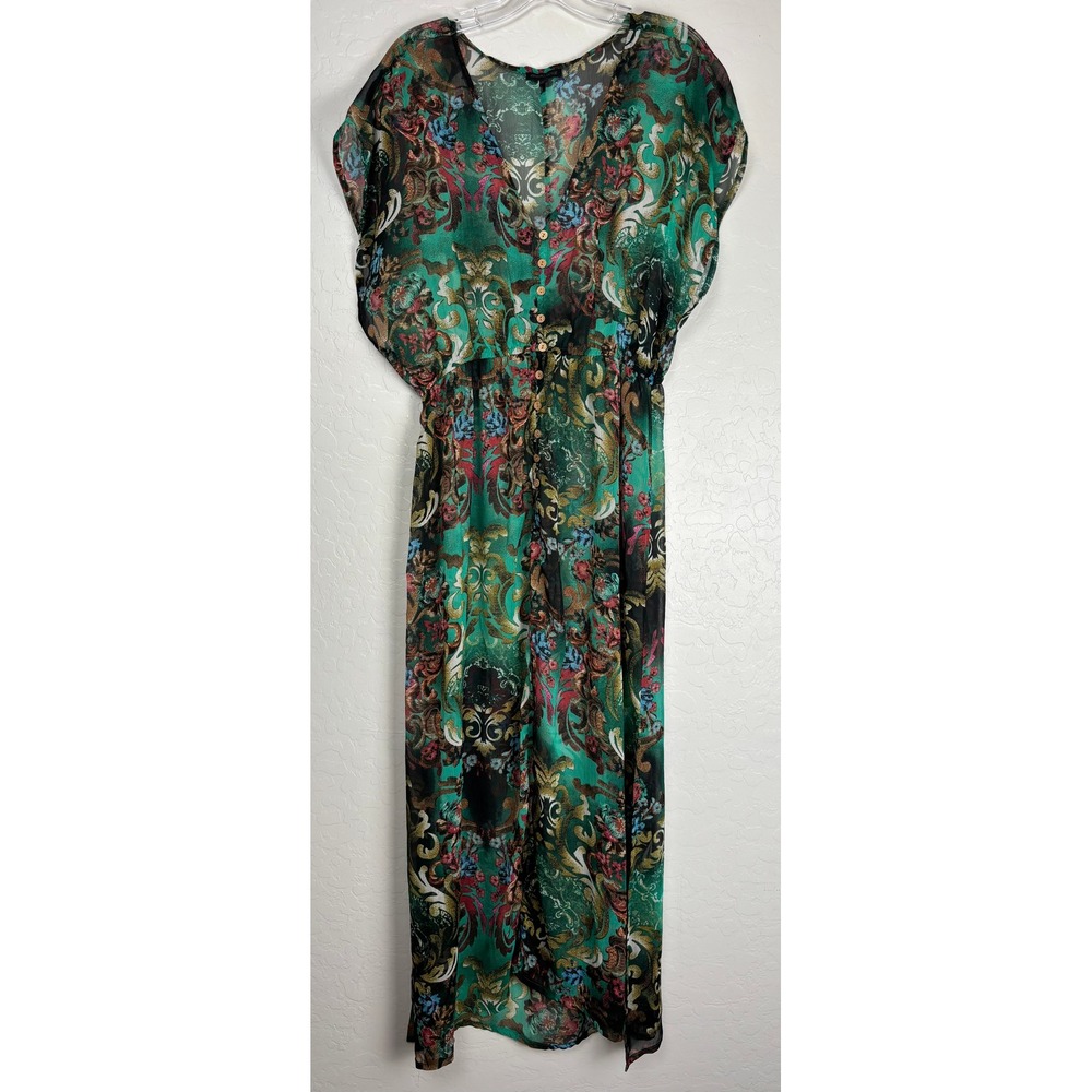 Kendall + Kylie Green Baroque Paisley Button Maxi Dress Cover Up Large 2320‎